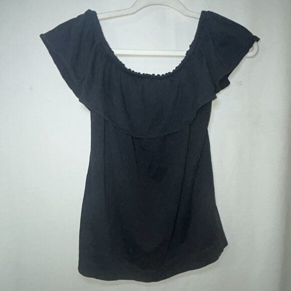 J.Crew Off Shoulder Blouse Pullover Ruffled Neckline Short Sleeves Black W Small - Picture 6 of 8